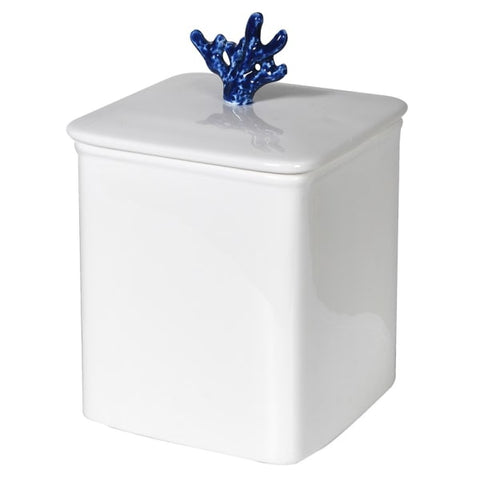 White Lidded Jar With Blue Coral