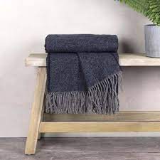 Wool Throw Navy & Grey Herringbone